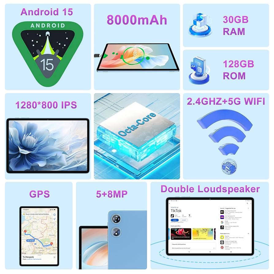 新品　Android15 タブレット 30GB+128GB+2TB 5GWiFi Android 15 Tablet 30GB RAM 128GB ROM 2TB Expand, 10 inch